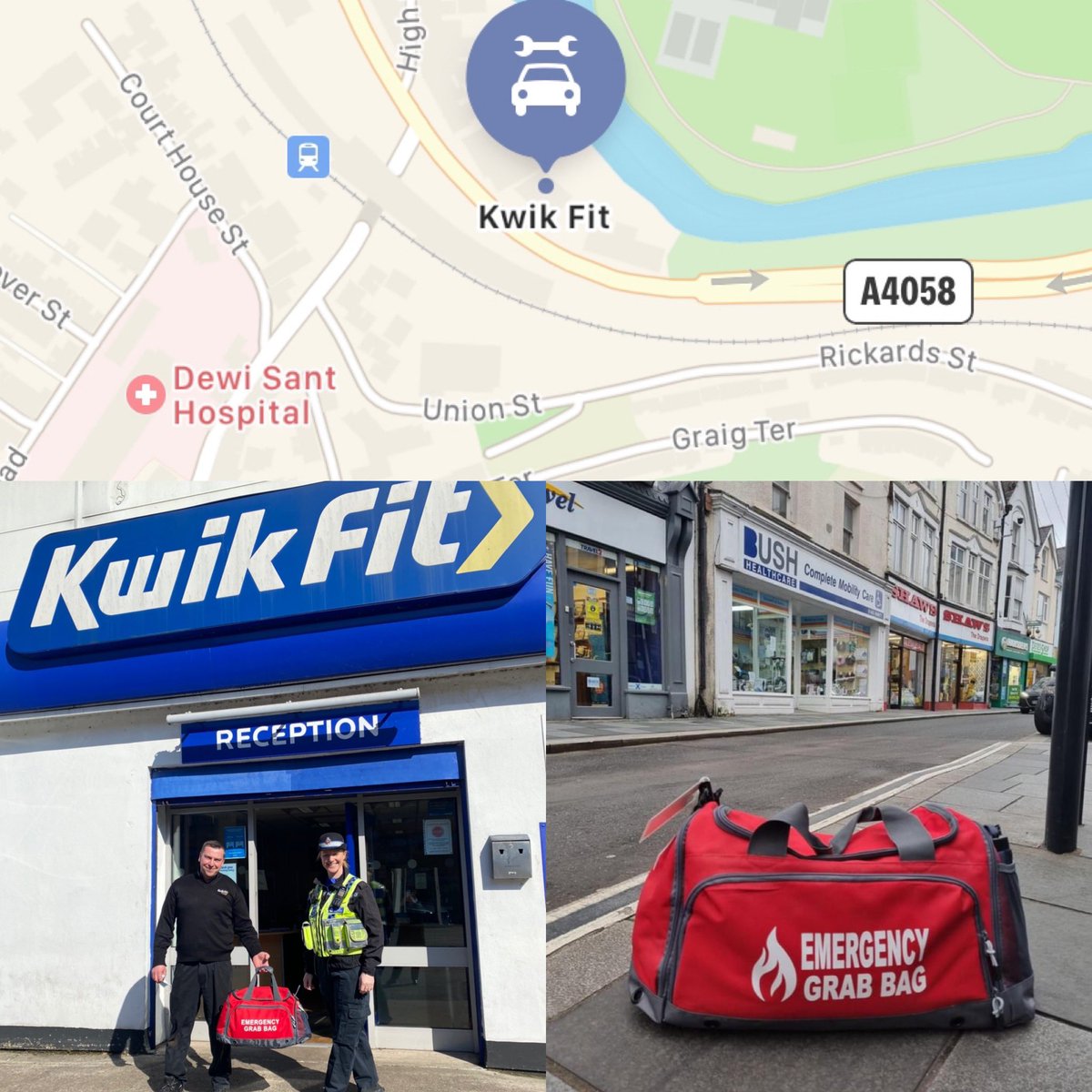Our 10th grab bag has been placed at Kwik Fit on the Broadway. The team contacted us after seeing our 1st ever post about these bags, the manager Rhys was very supportive and eager to store one there.@swpRCT <a href="/AmbulanceStjohn/">St johns ambulance</a> @YourPontypridd <a href="/RCTCouncil/">RCT Council</a> <a href="/PontyTC/">PTC</a>
