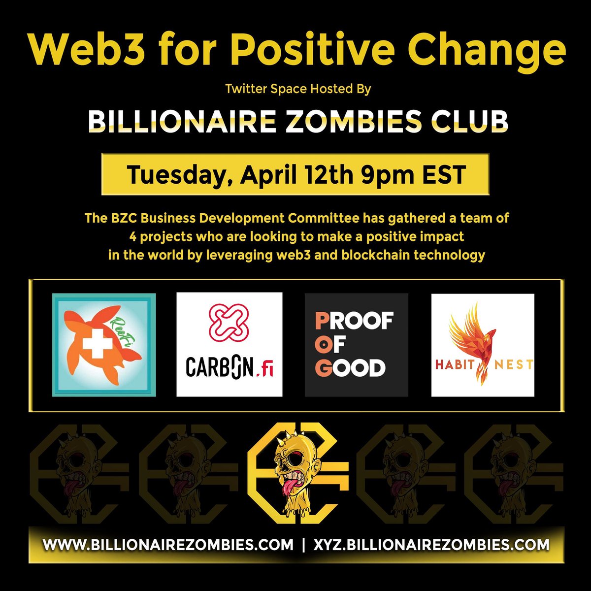 Join the #bzcarmy next Tuesday April 12th at 9pm EST as we lead a discussion with 4 projects looking to utilize #web3 and smart contracts to make a positive impact in the world. <a href="/ReeFi_Aus/">ReeFi 𓆉 DAO</a> <a href="/ProofofGoodDAO/">Proof Of Good DAO</a>  <a href="/habitnest/">Mikey 🪶🔮 (Habit Nest)</a> @carb0nfi