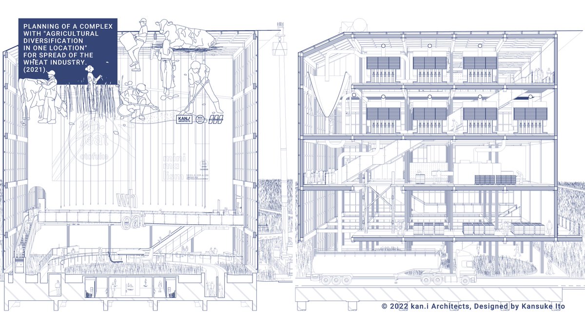 kan_architects's tweet photo. ⼩⻨産業を6次産業化する前例のない建築設計。

農業生産から製品販売までの全工程を全長180mの空間に集積する。⼤空間を成すためにCLTを用いた主要構造を設計。生産過程にて残される小麦藁は断熱材として外壁に取り⼊れる。学内展では設計過程における約100枚のスケッチを展示。
#かってに卒制展2022 https://t.co/96JcYqjdR3