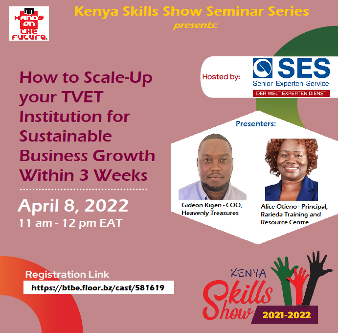 Next up in the Kenya Skills Show Seminar Series:

How to Scale-Up Your TVET Institution for Sustainable Business Growth within Three Weeks

April 8th at 11am (EAT)

btbe.floor.bz/cast/581619

<a href="/TVETAKenya/">TVET Authority Kenya</a> <a href="/worldskillsKE/">WorldSkills Kenya</a> <a href="/tvetinkenya/">Permanent Working Group on TVET in Kenya</a> <a href="/cdacc_tvet/">Tvet Cdacc Official.</a> <a href="/Langat_Kipkirui/">Langat Kipkirui, MBS, Director General TVETA Kenya</a> <a href="/MonariPeterJ/">Monari, Peter Joseph Ph.D</a>