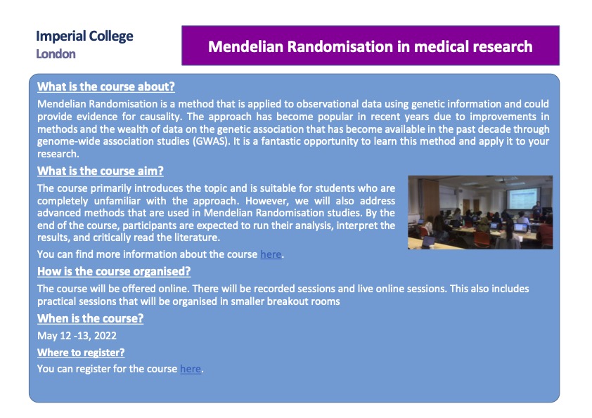 Abbasdehghan's tweet photo. For the 4th consecutive year, we are organising an online course on Mendelian randomisation (May 12-13, 2022) (recorded session+live lectures+practical). Registration is now open: https://t.co/E8ScgcEbuH… 
Retweets are appreciated. @rima_mustafa https://t.co/xKgRlc5VCw