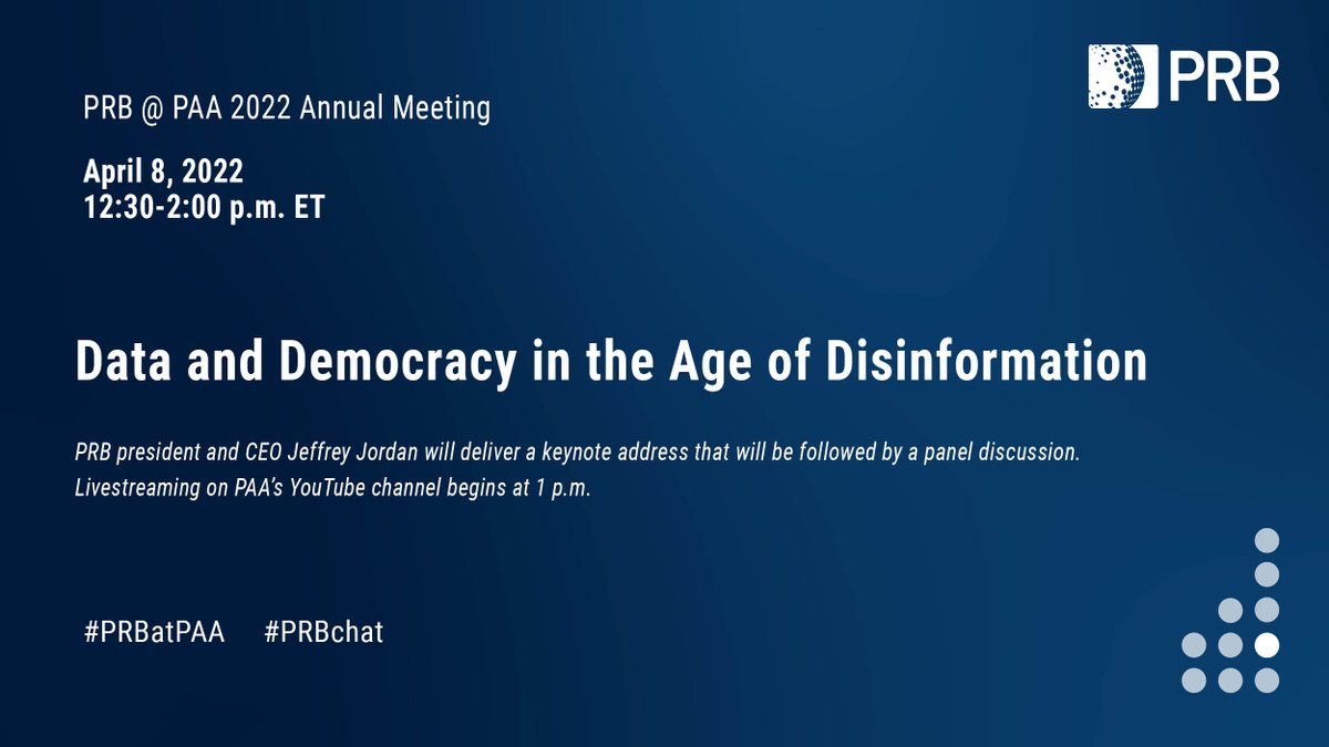 PRBdata's tweet photo. On April 8, join us for a lively conversation at #PAA2022 on "Data and Democracy in the Age of Disinformation" with @JeffreyNJordan, @SonaldeDesai, @kyes_the_limit and @ysiparo. Moderated by @crystaledmonson.
Virtual registration is still open: https://t.co/T7h9kpgcXG
#PRBEvent https://t.co/MLCeQ4pFtP