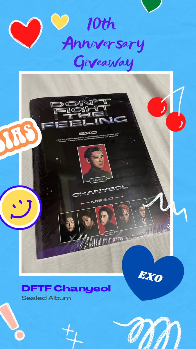 EXO 10th Anniversary Giveaway (🇵🇭 only)

PRIZE: 1 Sealed DFTF Chanyeol Version + random poster + random merch (official &amp;/or unofficial) 

To join:
- mbf
- like 
- rt

Ends April 10, 6PM

Winner will shoulder LSF. Good luck! ❤️

#EXO #엑소 <a href="/weareoneEXO/">EXO</a>  #EXO10thYearAnniversary