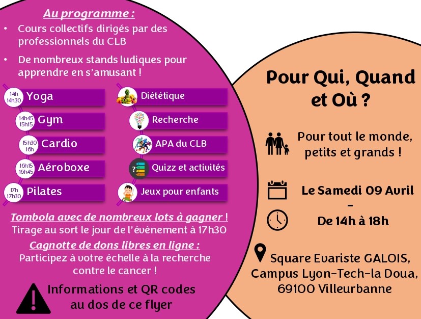 CancerEnvironn's tweet photo. [Evènement] Demain, à partir de 14h au campus de la Doua👉On se bouge contre le cancer ‼️
Au programme : cours collectifs🤸stands ludiques (yoga, méditation, nutrition)🧘🏻‍♀️&amp; tombola🎟
🎯 Les fonds seront reversés au @CLCCLeonBerard  pour la lutte contre le #cancer. https://t.co/mXhk5H8gMn