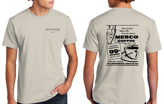 New Swag Alert! Available in a neutral sand color, these unisex shirts are ultra-soft, and feature an original ad for our Mesco Coffee Blend that ran in print in the 1930’s in the District. Super-soft cotton-poly blend. Features our logo in black on the front chest. #dccoffee