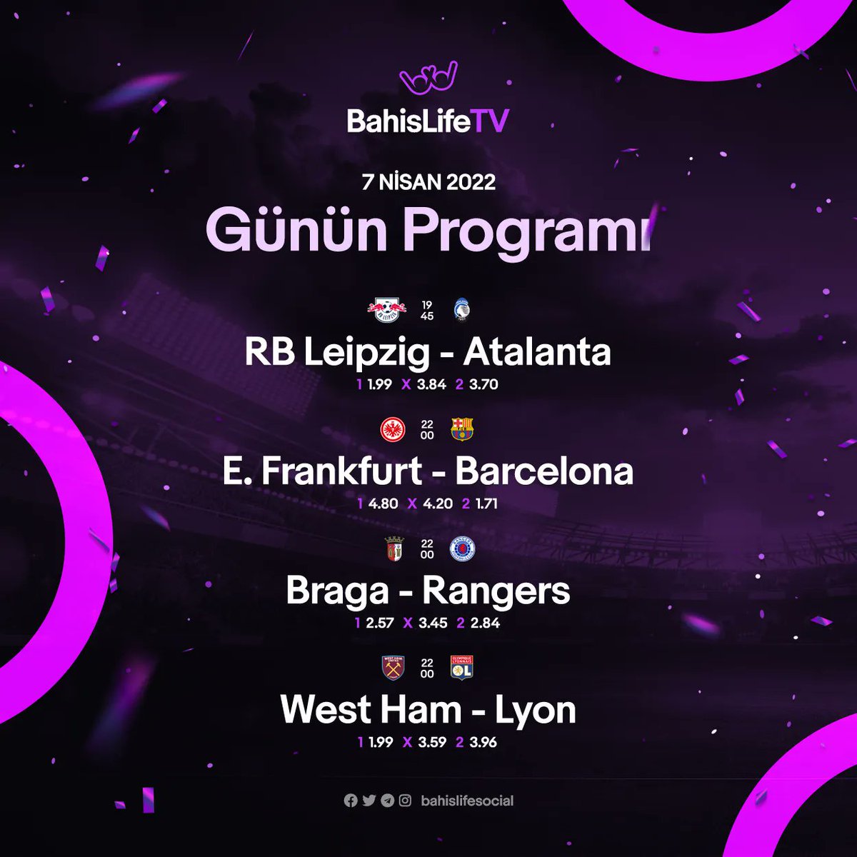 🟣UEFA Avrupa Ligi ve UEFA Konferans Ligi'nde Çeyrek Final zamanı! #UEL #UECL

⏱Günün kazananı olmak için üçBahisLife'a gel, bahis keyfini coşkuyla yaşa! 💷

🤞🏻BahisLife, hayatı bahis olanların adresi!

📎 buff.ly/3AlXGdv