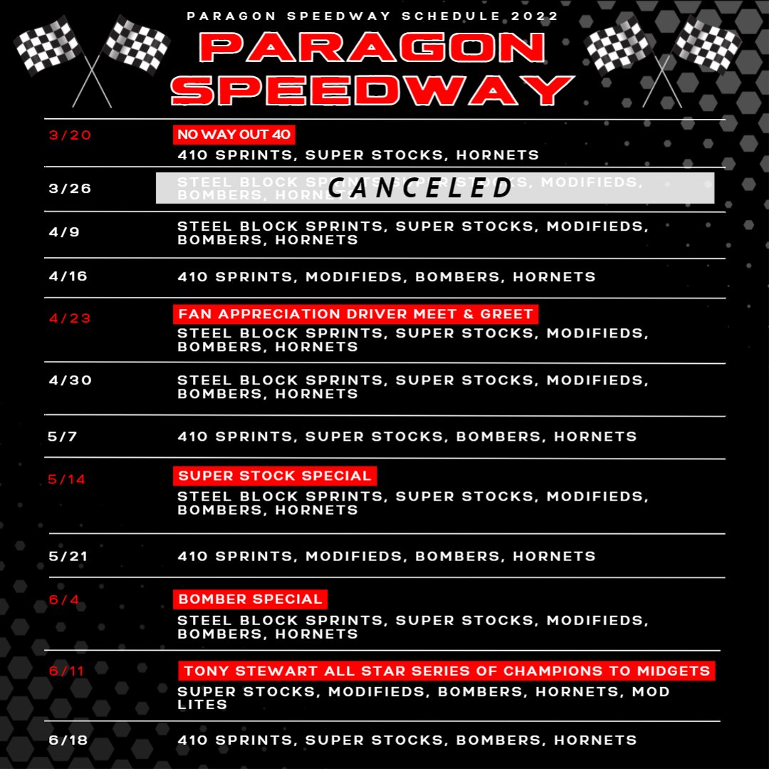 ParagonSpeedway's tweet photo. Our 2022 Schedule! It's been two looooong weekends without racing. The countdown is on, t-minus one day until the second race of the season. https://t.co/bqdOVglyto