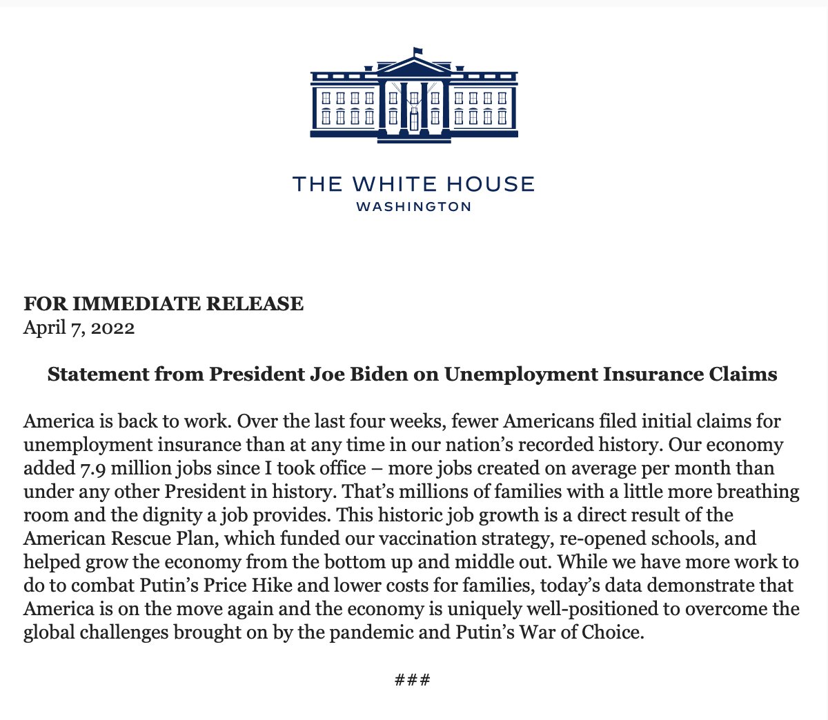 mmcauliff's tweet photo. Well, the WH got around to this just now. 
Biden: "America is back to work. Over the last four weeks, fewer Americans filed initial claims for unemployment insurance than at any time in our nation’s recorded history." https://t.co/Tw8N48e7Nv