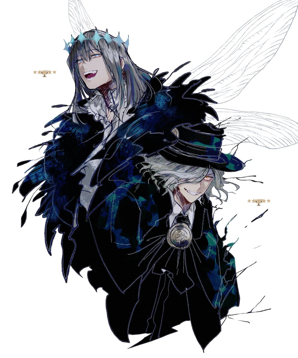 edmond dantes (fate) ,oberon (fate) multiple boys male focus hat insect wings 2boys wings smile  illustration images