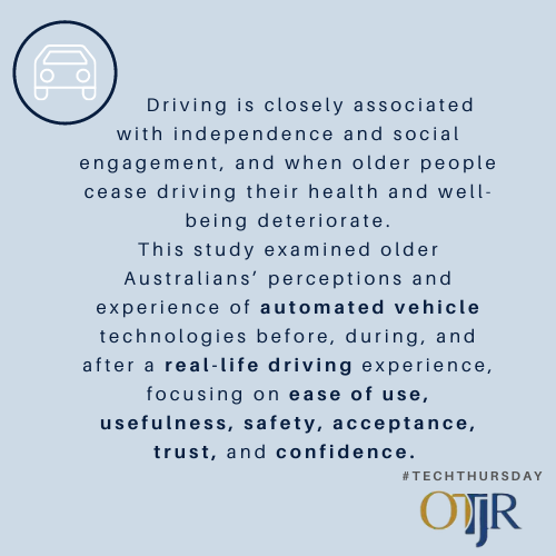 OTJRJournal's tweet photo. #TECHTHURSDAY
When older adults’ driving abilities decline, #automateddriving technologies may improve #communitymobility, engagement, and #independence
https://t.co/azZPdnMgNM
#OT #OTResearch #tesla #mixedmethods #occupationaltherapy #drivingrehab https://t.co/KjNE5TKnDV