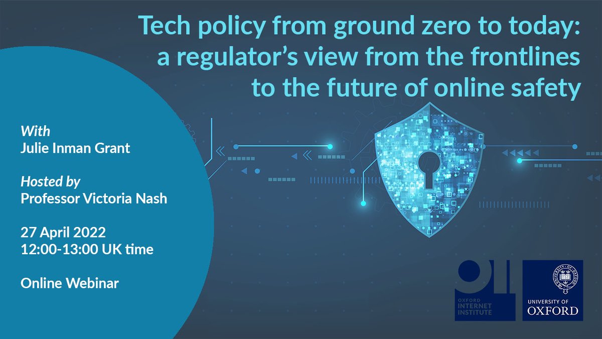 oiioxford's tweet image. We're delighted to welcome Julie Inman Grant (@tweetinjules) @eSafetyOffice for our first event of Trinity Term for her talk "Tech policy from ground zero to today" hosted by @VickiNashOII.

Register: oii.zoom.us/webinar/regist…