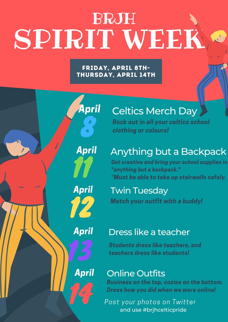 Our @BRJH_Celtics Spirit Week is finally here! Kickin' off tomorrow with Celtics Merch Day, let's all have a bitta' fun before the break, and participate in our theme days! @samcadigan_brjh <a href="/RhondaPower9/">Rhonda Power</a> @charwhite_brjh