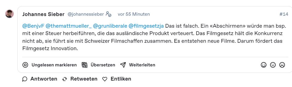 filmgesetzja's tweet photo. Völlig korrekt @BenjvF @themattmueller_ @grunliberale @johannessieber , die #4prozent-Investitionspflicht belebt die Konkurrenz, indem auch CH-Produktionen eine Chance erhalten sich mit ausländischen Produktionen zu messen oder für Koproduktionen mit ausländischen Firmen. 👍🎬 https://t.co/iFvvV4ZT2W