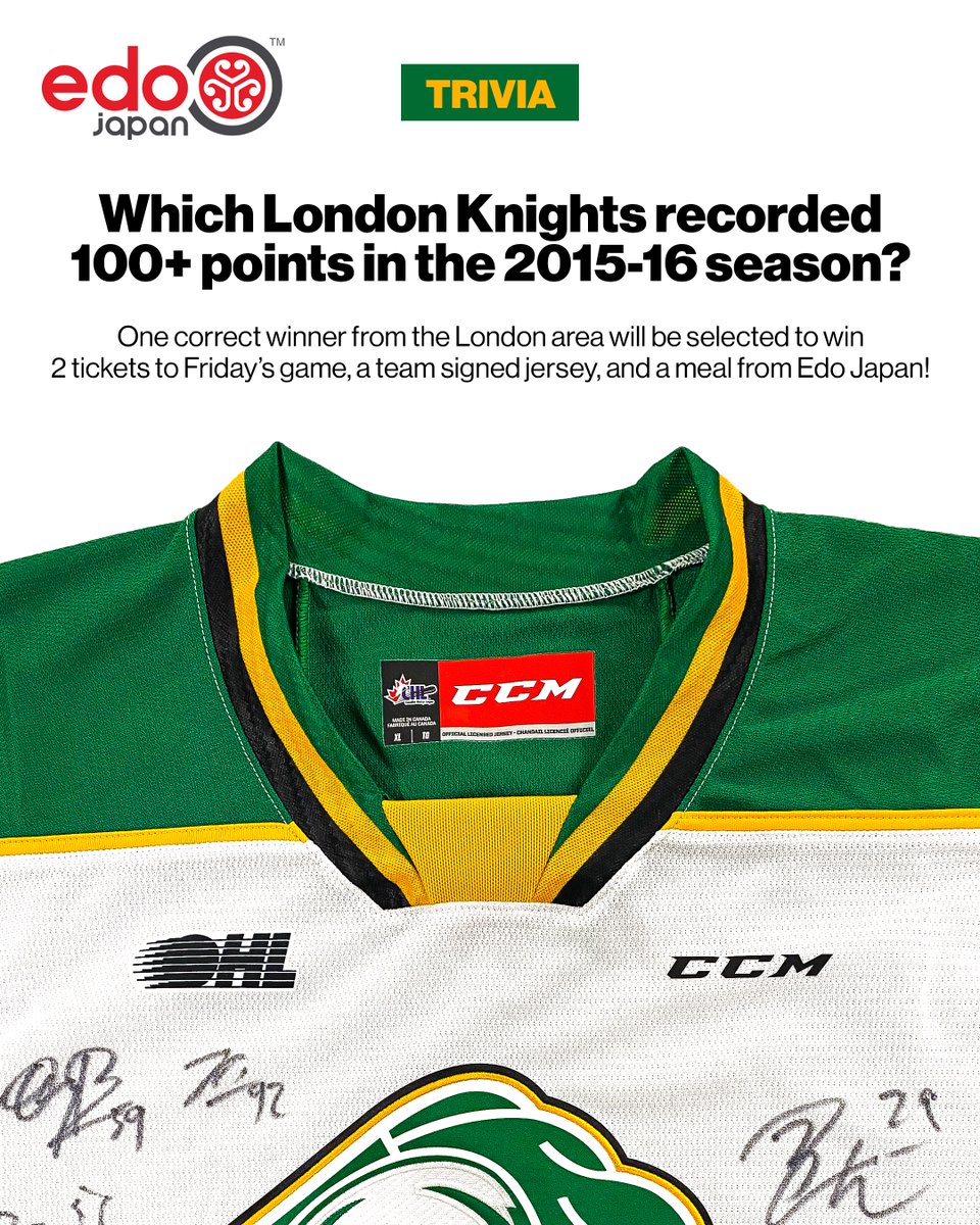TRIVIA TICKET GIVEAWAY ‼️

One correct winner from the London area will be selected to win 2 tickets to tomorrow's game, team signed jersey, and an <a href="/edo_japan/">Edo Japan</a> meal!