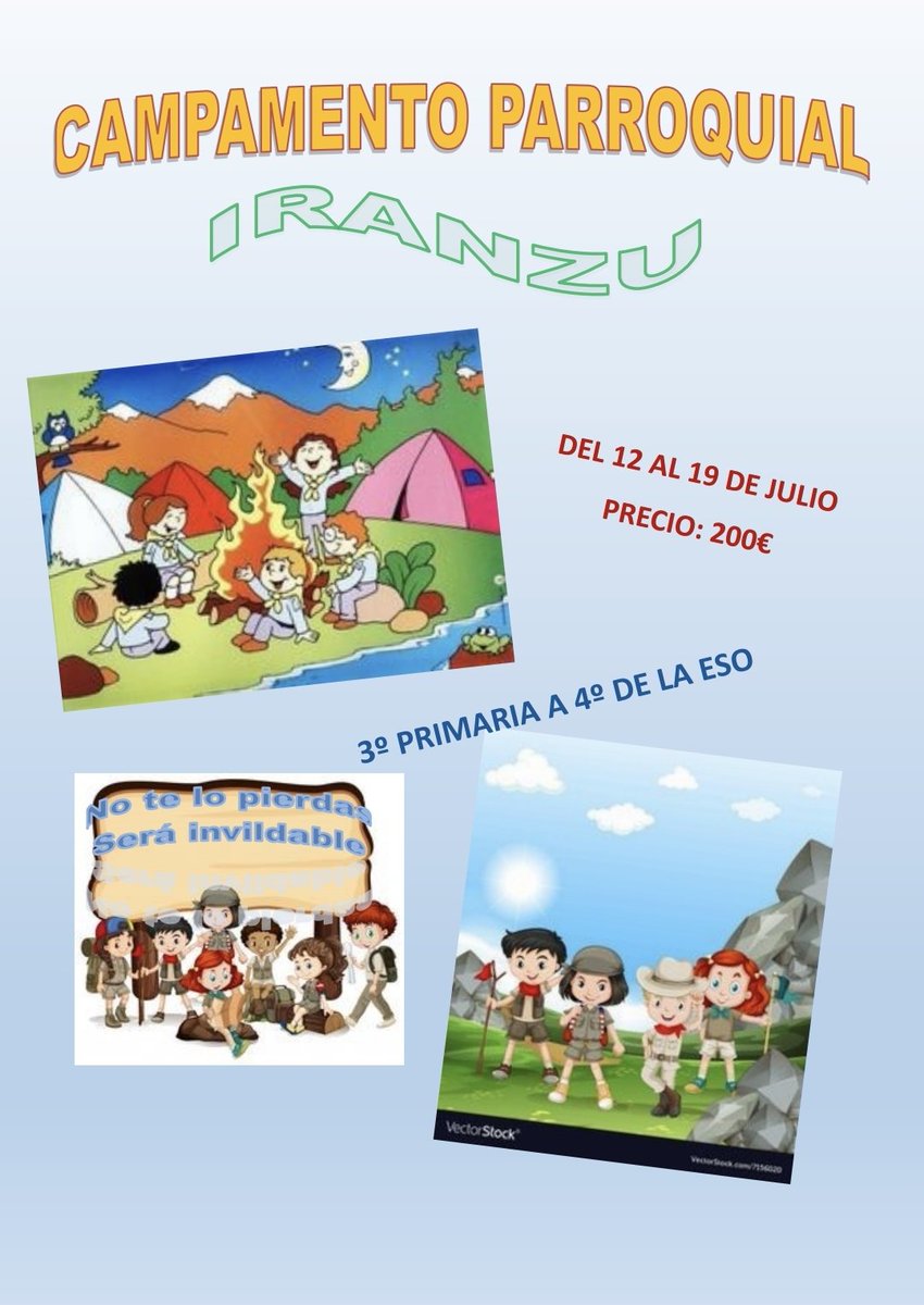 Y ya está todo preparado para que, tras 2años de parón, retomemos la actividad más divertida de cada año...¡¡¡VUELVE EL CAMPAMENTO DE VERANO!!!
12 a 19 de Julio
Desde 3º de Primaria a 2º de la ESO.
Tendremos una reunión informativa este martes 12 de abril a las 18:00h
APÚNTATE!!!