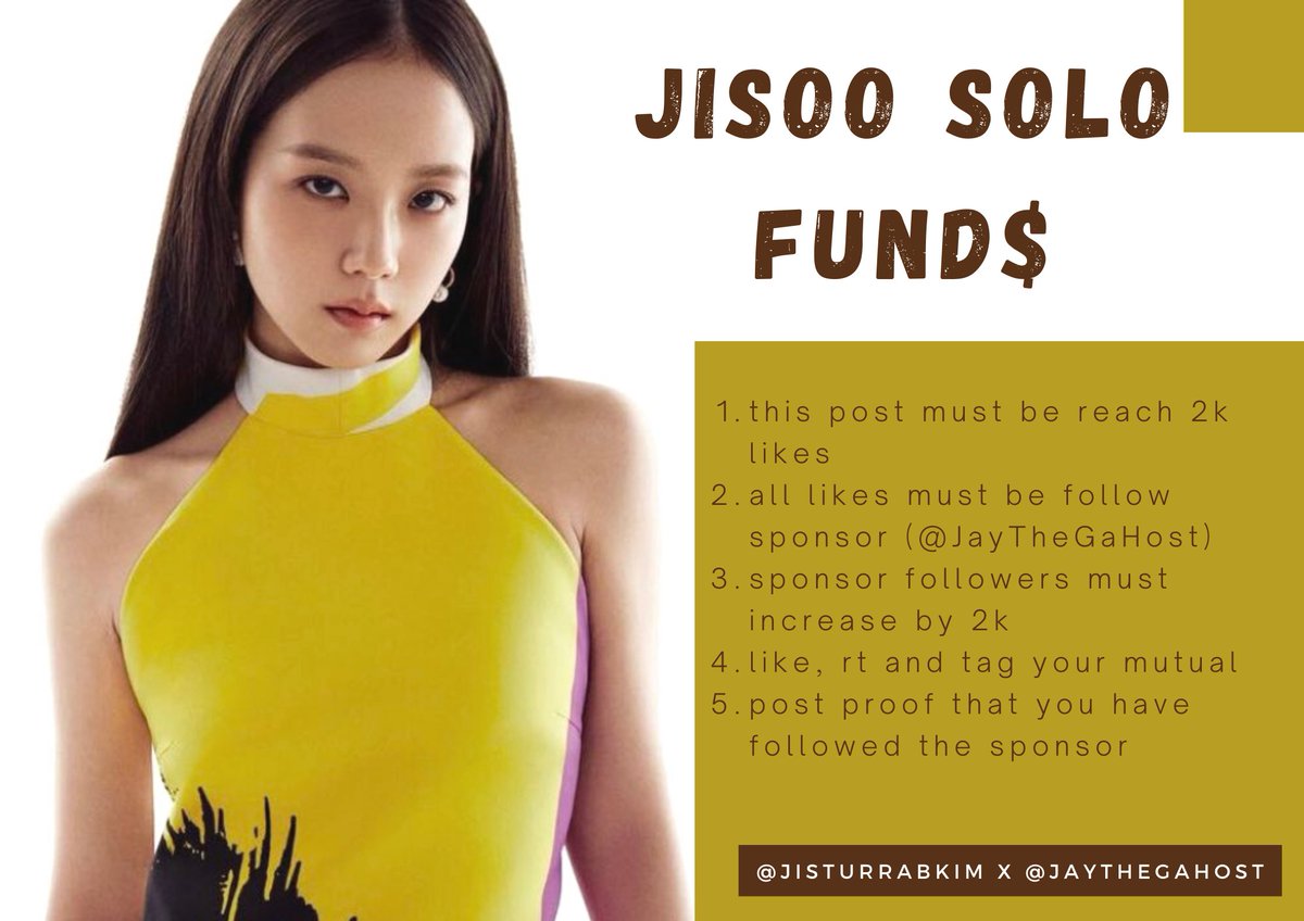 jisturrabkim's tweet photo. Hello Sooyas and Blinks. I got a new deal for JISOO SOLO FUNDS from @JayTheGaHost.

- 2k likes for $20
- All likes must be following the sponsor @JayTheGaHost
- No limit days 
- Rt, like and tag your mutuals

 #JISOO #지수 #블랙핑크지수 #BLACKPINK @BLACKPINK https://t.co/I70DXi0ly7