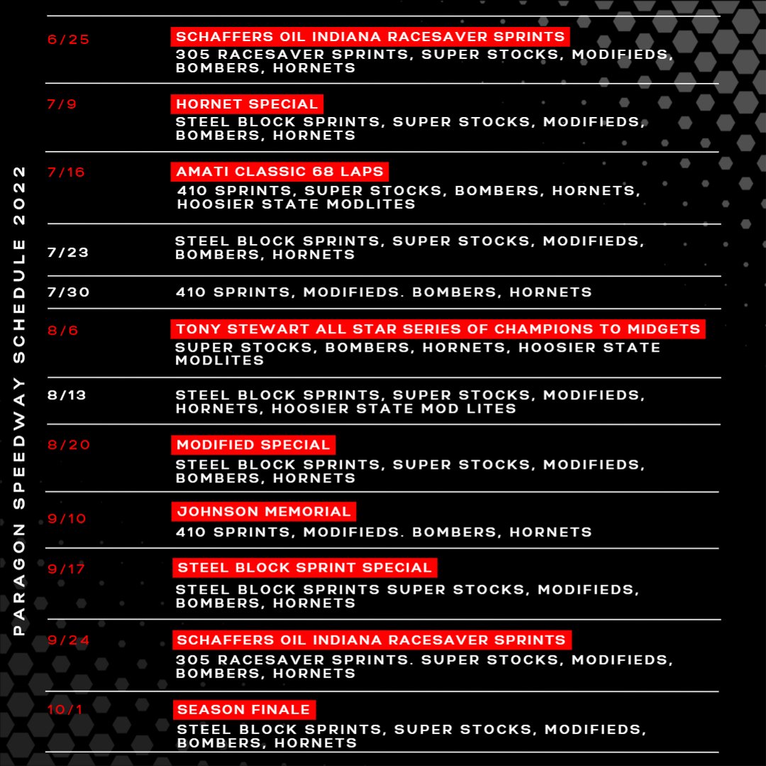 ParagonSpeedway's tweet photo. Our 2022 Schedule! It's been two looooong weekends without racing. The countdown is on, t-minus one day until the second race of the season. https://t.co/bqdOVglyto