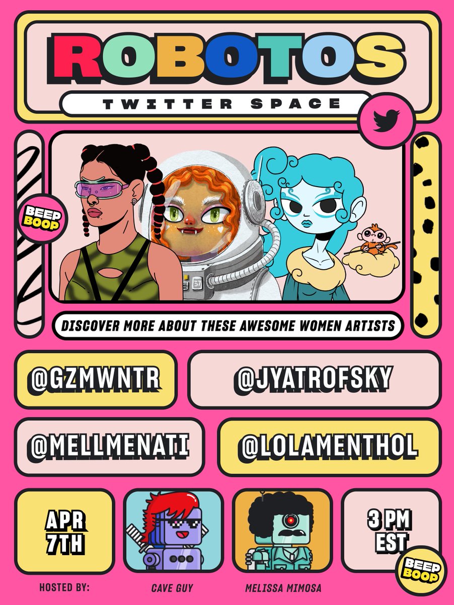 robotosNFT's tweet image. Join us today for a unique Twitter Space highlighting women in the NFT space 💙

🤖 Special guests @gzmwntr, @jyatrofsky, @mellmenati, and @LolaMenthol    
📅 Today @ 3 PM EST

Come vibe, beep boop, and have fun!