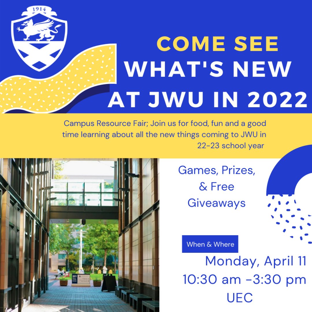 jwuCLTinvolved's tweet photo. Want to learn more about what's coming to JWU next year? Attend our resource fair and get all your questions answered! https://t.co/kgyiiWNNnp