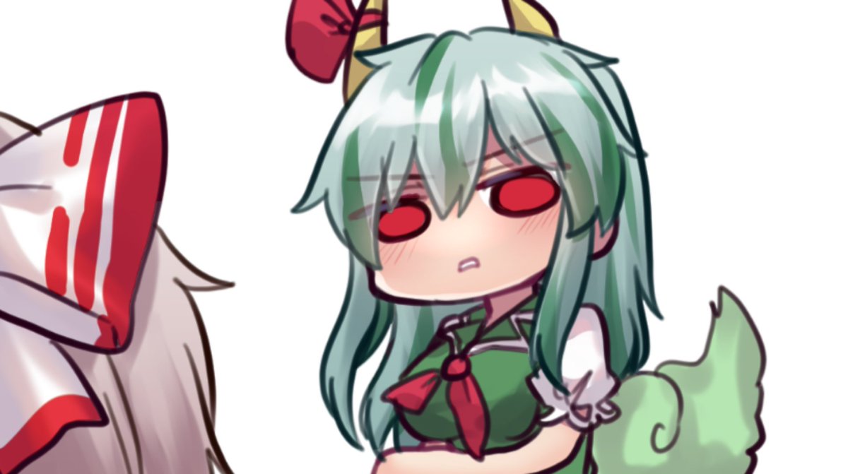 ex-keine ,fujiwara no mokou ,kamishirasawa keine multiple girls 2girls horns @ @ blush horn ornament green dress  illustration images