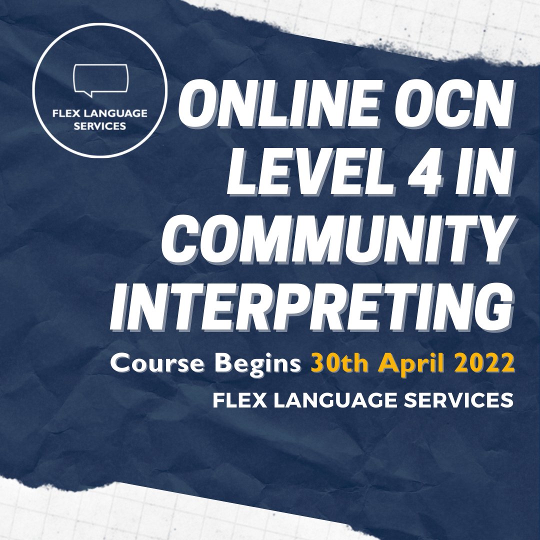 Our next OCN Level 4 in Community Interpreting begins 30th April 2022 
▪ To register your interest get in touch 
📞 028 9072 7878
📧 coleen@flexlanguageservices.com
Our next OCN Level 4 in Community Interpreting begins on 30th April <a href="/ocnni/">OCNNI</a>
