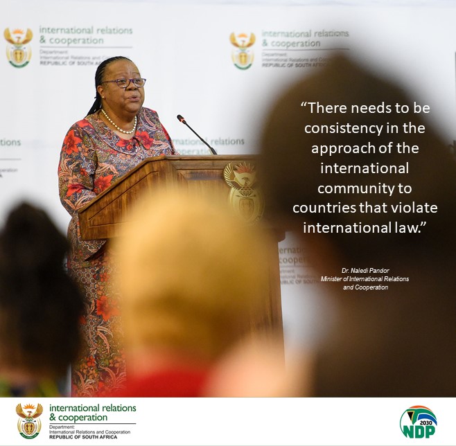 DIRCO_ZA's tweet photo. The very essence of the UN Charter is respect for international law, and major powers should not be allowed to violate international law with impunity.
#HoMConferenceSA https://t.co/7VEWPVBudl