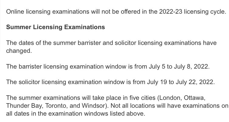 AJBraden's tweet image. Hey team, LSO just changed things up for the summer licensing exams.

New barrister window: 5-8 July
New solicitor window: 19-22 July

Testing in-person only, in London, Ottawa, Thunder Bay, Toronto, and Windsor.