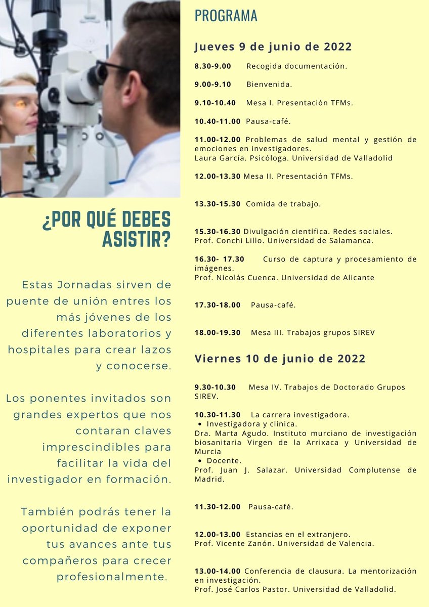 📣 Tenemos buenas noticias 📣
I Jornada de Jóvenes Investigadores SIREV 2022

🗓 9 y 10 de junio
🏫 IOBA, Universidad de Valladolid. 

➡️ Estas Jornadas sirven de puente de unión entre los más jóvenes de los diferentes laboratorios y hospitales para crear lazos y conocerse.