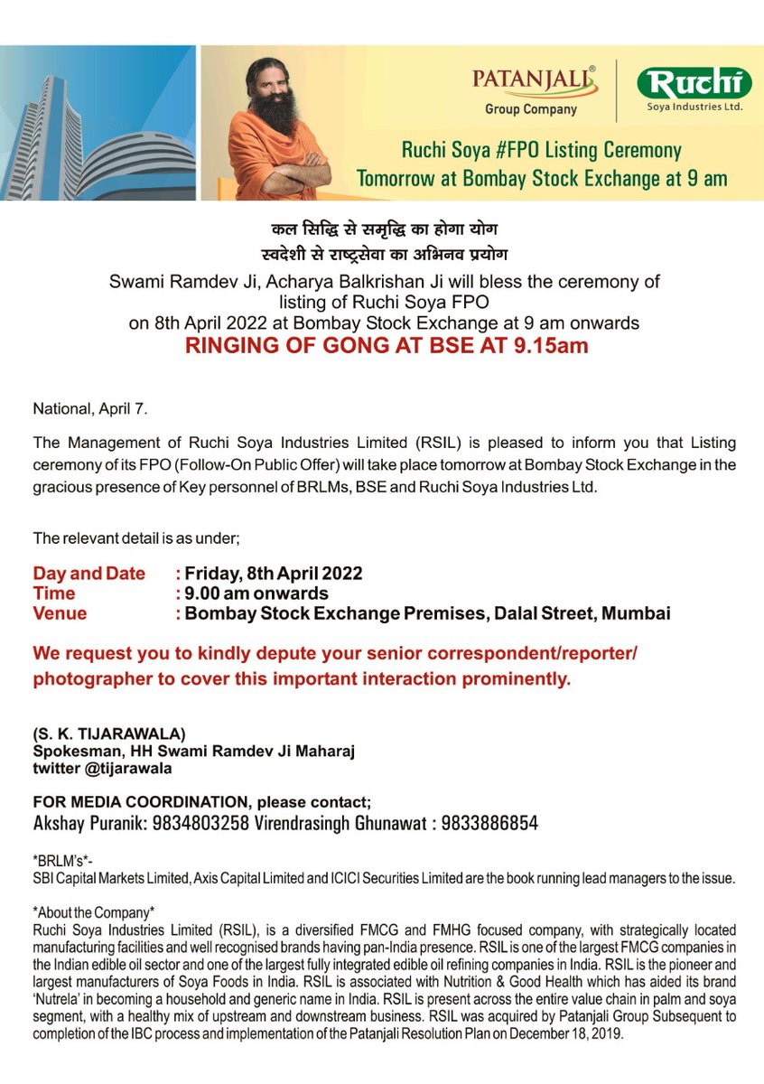 tijarawala's tweet photo. #RuchiSoya #FPO listing ceremony tomorrow at @BSEIndia 

सिद्धि और समृद्धि का कल होगा योग🐚
#स्वदेशी से राष्ट्रसेवा का अभिनव प्रयोग

कल @yogrishiramdev
हरिद्वार से पूंजी बाजार के द्वार पर देंगे दस्तक👉
#संकल्प_से_कायाकल्प देख ऊंचा होगा मस्तक👍
Ringing of gong at 9.15am🐚👏
@ANI https://t.co/2ce12sEvYS