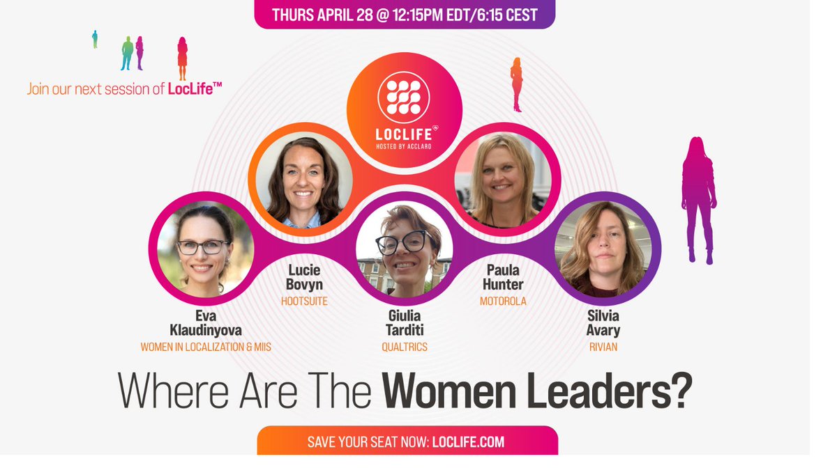 WomenInL10N's tweet image. 📢 From our #WLGlobalSponsor @acclaro_inc:
Are women underrepresented in leadership roles? Join industry panelists at the next #LocLifeEvent for a discussion on how to empower more women as leaders. Save your seat today: bit.ly/36fXzWs