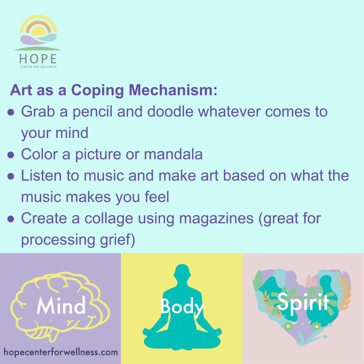 Art therapy has many benefits, such as providing an outlet for emotions, increasing self-awareness, improving cognitive function, building self-esteem, and processing feelings of grief, anxiety, etc. So get creative and don’t worry about whether it “looks good.”