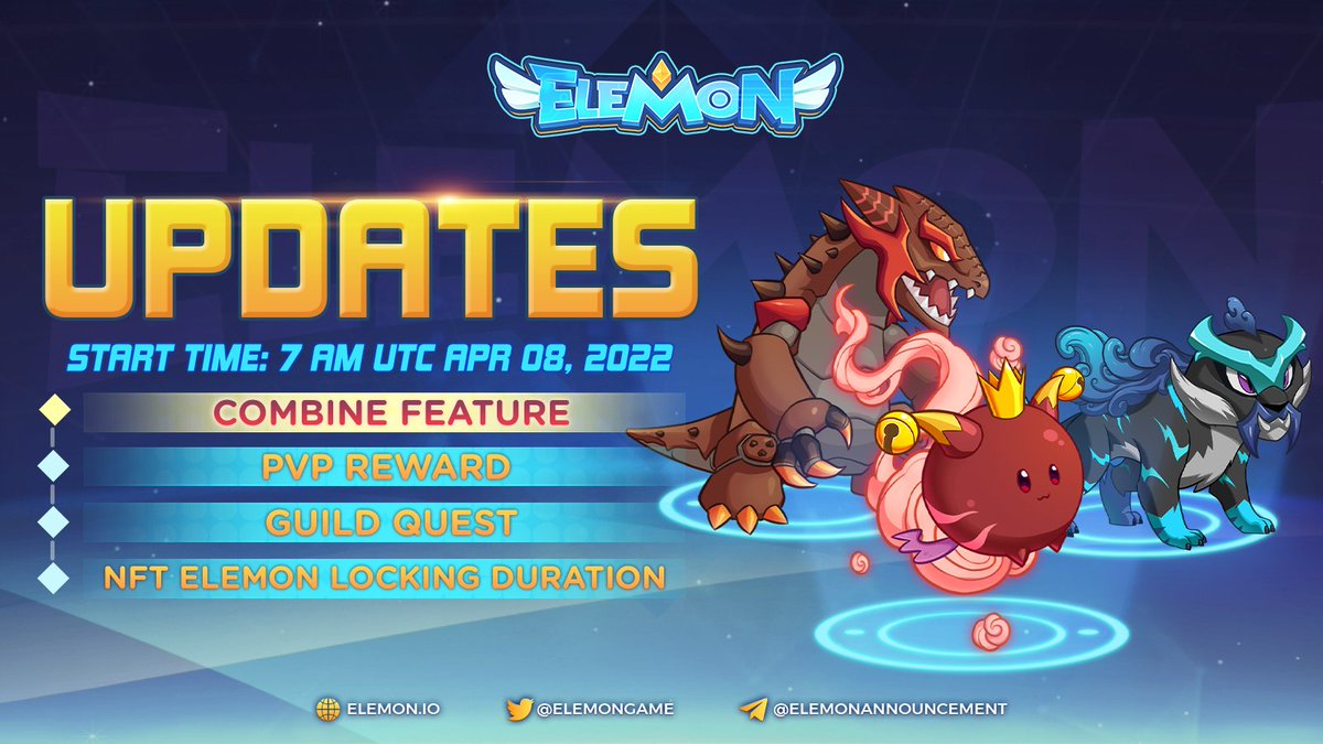 🔥 OFFICIAL ANN ABOUT IMPORTANT UPDATES OF ELEMON GAME 🔥

After receiving feedbacks from the community, #Elemon decided to perform a series of vital updates for the official game version tomorrow 7 AM UTC 08/04/2022

🌟Details: t.me/ElemonAnnounce…

#Combine #Guild #PVP #NFT