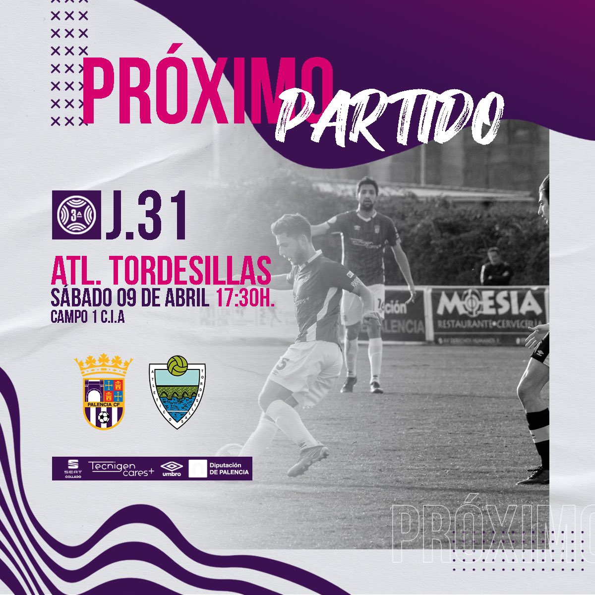 palencia_cf's tweet photo. Próximo partido ➡️ @AtcoTordesillas 
👉 Sábado 9 de abril 17:30h.
📍 Campo 1 C.I.A 

Os esperamos!! A por todas palencia🟣🟣

#palenciacf #jornada31 #3rfef #sentimoslomismo https://t.co/mnwbZOYwdK