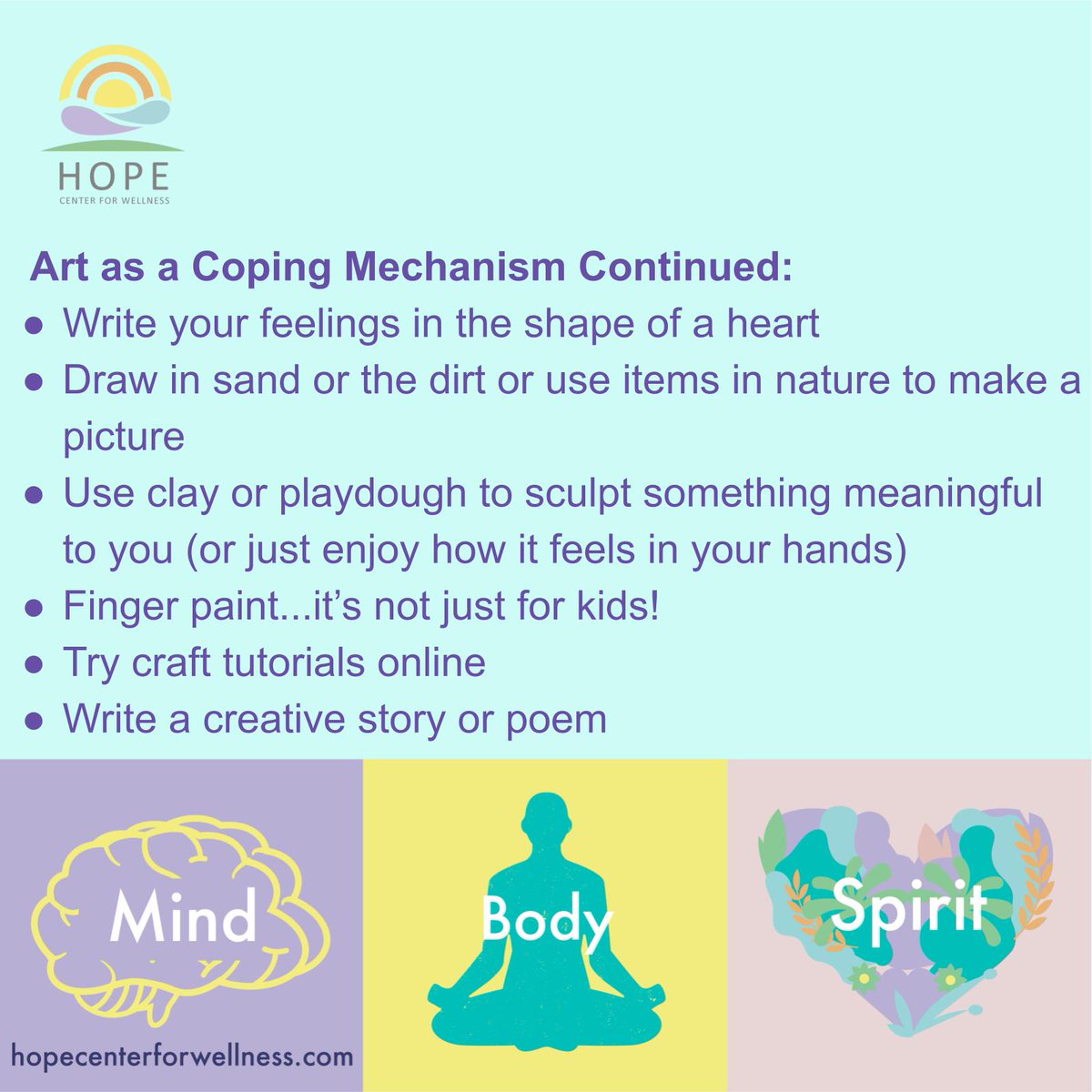 Art therapy has many benefits, such as providing an outlet for emotions, increasing self-awareness, improving cognitive function, building self-esteem, and processing feelings of grief, anxiety, etc. So get creative and don’t worry about whether it “looks good.”