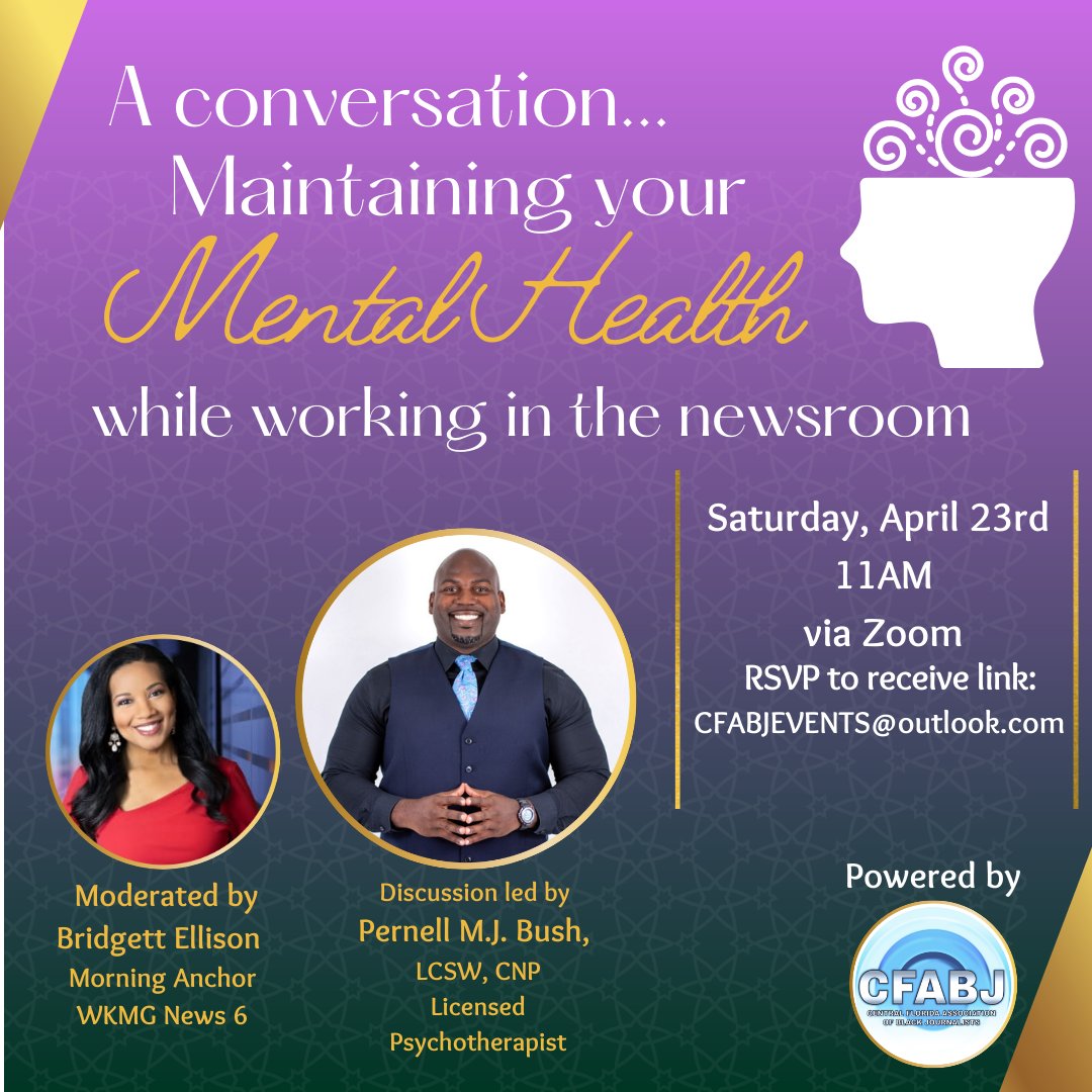 #JoinTheConversation: Don't miss this important discussion led by Licensed Psychotherapist <a href="/PernellBush/">Pernell Bush</a> and moderated by #WKMGNews6 Morning Anchor <a href="/BridgettNews6/">Bridgett Ellison</a>. 
To get Zoom link, RSVP by sending an email to: CFABJEVENTS@outlook.com
