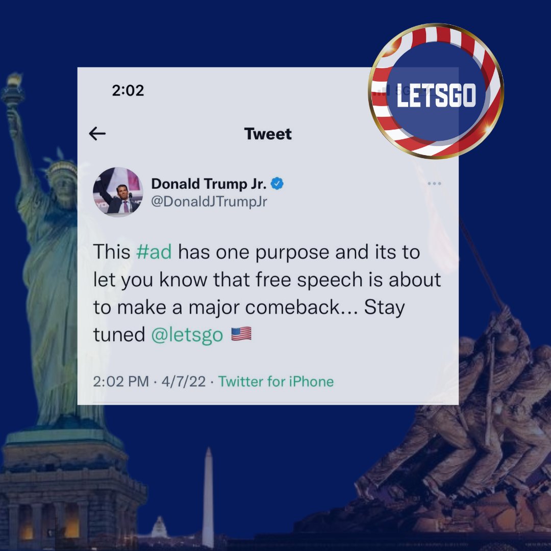 LetsGo's tweet image. Thank you @donaldjtrumpjr for supporting LETSGO, and our mission to protect free speech for all Americans!