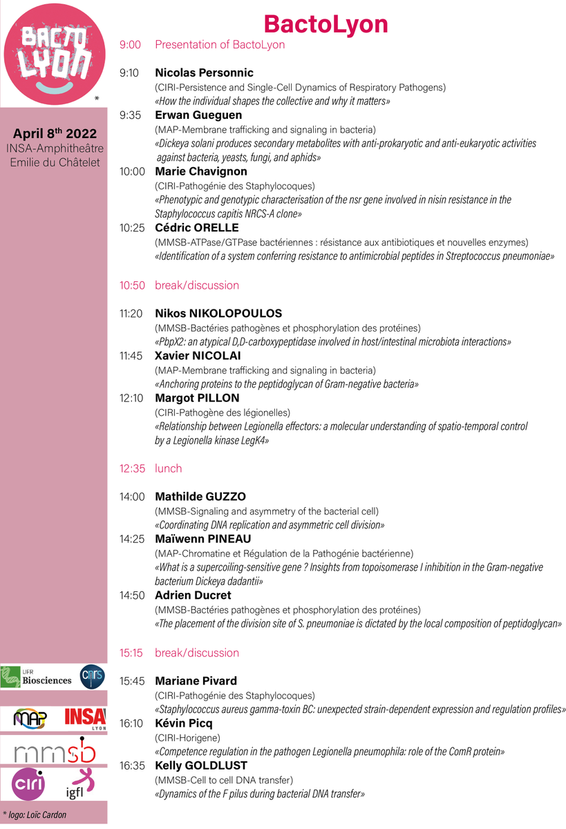 sbigot2's tweet photo. Tomorrow will take place #BactoLyon gathering the molecular bacteriologists of Lyon @MMSB_Lyon @MAP_UMR5240 @CIRI_Lyon @IGFLyon.

Thanks to @CNRS_dr07 @insadelyon UFR Bioscience @UnivLyon1 @MMSB_Lyon for their financial support. https://t.co/NWW3n9cK5y