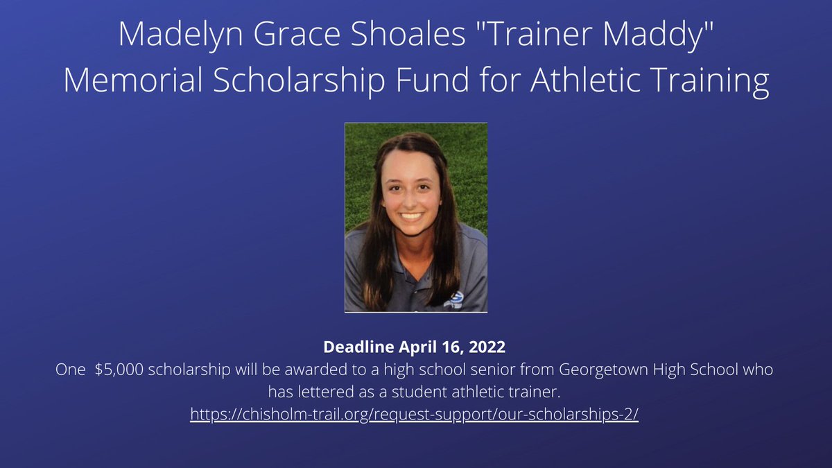 GeorgetownACF's tweet photo. Are you a senior who is an athletic trainer at GHS? This scholarship is for you! Apply by April 16th for the Madelyn Grace Shoales "Trainer Maddy" Memorial Scholarship for Athletic Training. Learn about Madelyn Grace Shoales at https://t.co/l1mOXj7ezS https://t.co/FA3QOnbWO9