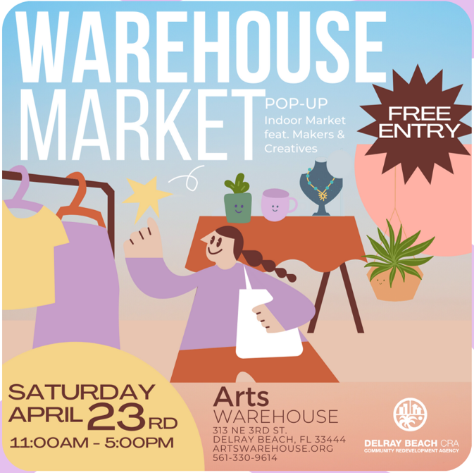 The Warehouse Market is coming back in 2022!😍
Join the Arts Warehouse on Saturday, April 23rd 11am – 5pm for a pop-up indoor market! 🎨🧺🧶

▶️artswarehouse.org/warehousemarke…

#crafts #art #artandcraftevents #delraybeach