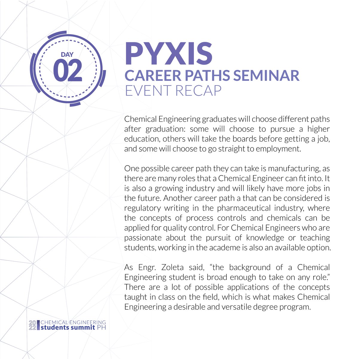 ChESSPH's tweet photo. Here is a short recap of yesterday's events during PYXIS: The Career Paths Seminar👷🔎 

We hope that you had a glimpse of what the chemical engineering life is truly like through the talks of our esteemed speakers! 

Thanks for coming! 

#ChESSPH2022 
#ChESSPH
#ChESSPHPyxis https://t.co/qjvqkmWYZu