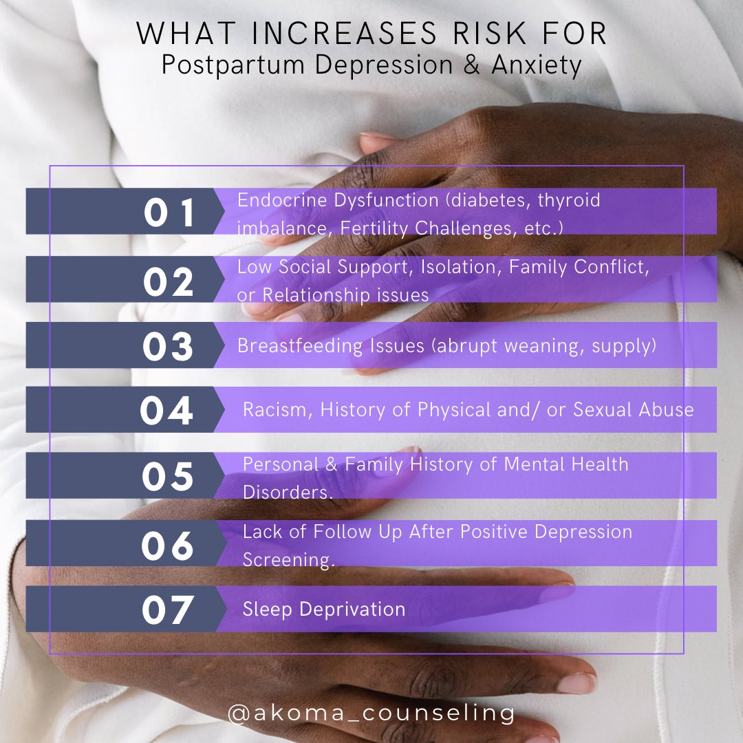 People ask me all the time: “What can increase my risk of having postpartum depression or postpartum anxiety?” Here’s a list of some risk factors.  What are some factors would you like to add? 
#maternalmentalhealth #postpartumdepression #postpartumanxiety