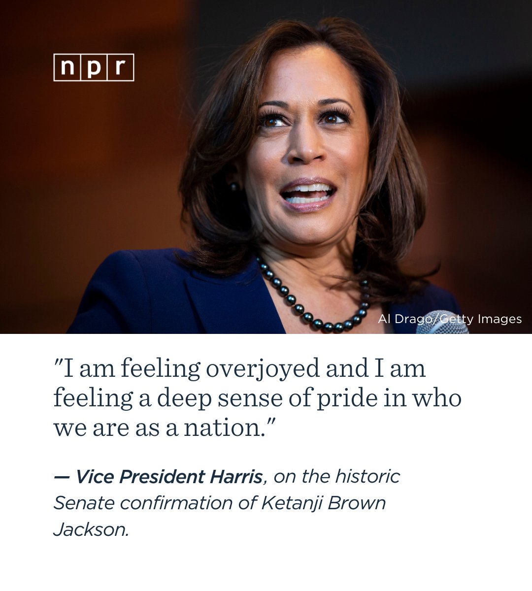 NPR's tweet photo. Vice President Harris took the gavel in her role as head of the Senate to preside over Ketanji Brown Jackson's vote. Leaving the Senate afterward, Harris said she was "overjoyed." https://t.co/9DhSSHJ9P1