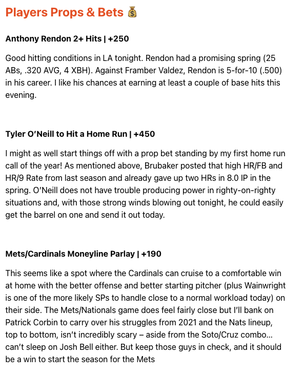 LineStarApp's tweet photo. ⚾️Opening Day MLB Bets⚾️
By @Ryan_Humphries 

🎯 Anthony Rendon 2+ Hits +250
🎯 Tyler O'Neill Home Run +450
🎯 Mets/Cardinals Moneyline Parlay +190

#GamblingTwitter #MLB #Picks #Bets https://t.co/9thDFisWih