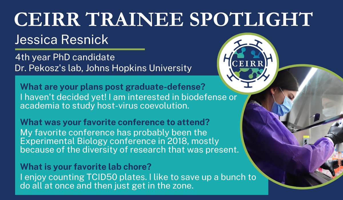 CEIRRNetwork (@ceirrnetwork) on Twitter photo To celebrate Graduate Student Appreciation Week, the #CEIRR Network is spotlighting our trainees! We are giving a shoutout to <a href="/ResnickJessica/">Jessica Resnick</a> in the <a href="/andrewpekosz/">Andrew Pekosz</a> lab <a href="/JohnsHopkins/">Johns Hopkins University</a>. Jessica is from California, lived in Georgia, and graduated from <a href="/MercerYou/">Mercer University</a>.
#CEIRRTrainees To celebrate Graduate Student Appreciation Week, the #CEIRR Network is spotlighting our trainees! We are giving a shoutout to <a href="/ResnickJessica/">Jessica Resnick</a> in the <a href="/andrewpekosz/">Andrew Pekosz</a> lab <a href="/JohnsHopkins/">Johns Hopkins University</a>. Jessica is from California, lived in Georgia, and graduated from <a href="/MercerYou/">Mercer University</a>.
#CEIRRTrainees
