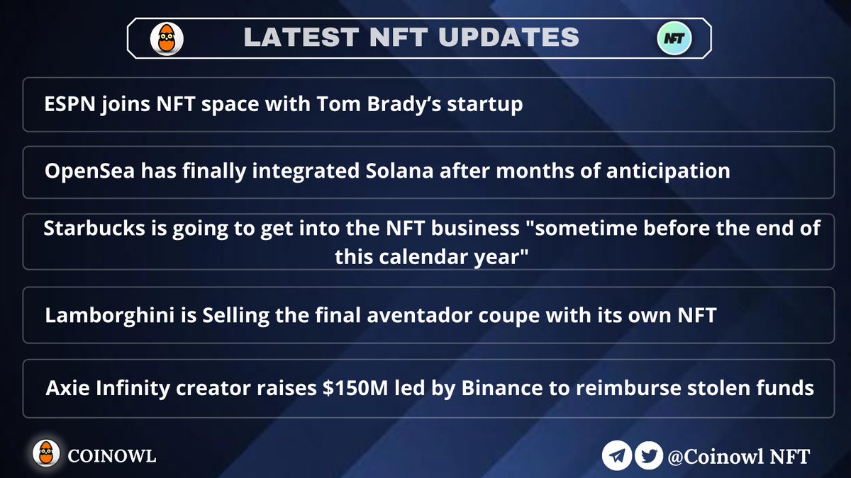 CoinowlNFT's tweet photo. ๐ LATEST NFT UPDATES
For more details visit : https://t.co/RVu8f7tPHS
@espn @opensea @solana @Lamborghini @AxieInfinity
#NFTCommunity #NFTCollection #NFTdrop #NFTs #NFTProject #NFT #nftnews #EthereumNFTs #SolanaNFTs #coinowl https://t.co/cRE7MOjjXh