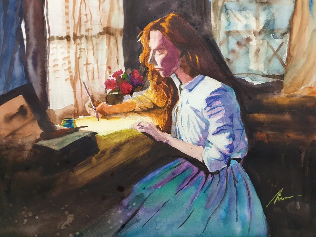 Writing letters to Abigail. 💙 Special thanks to Chris Lee Chong Lin (IG: cave101) for creating such a beautiful depiction of this moment from #TheWorldToCome. 🎨 🖌️ #VanessaKirby #KatherineWaterston @WorldToComeMov