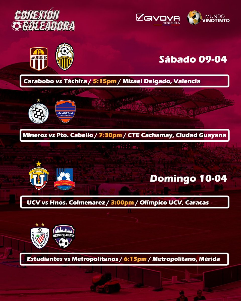 conexgoleadora's tweet photo. ¡LA PREVIA DE LA @LigaFUTVE ! 🙌🇻🇪

Como es costumbre, por acá te dejamos los horarios y partidos de la fecha 7️⃣ del fútbol venezolano. 🤩⚽

💬 Déjanos tus pronósticos 👀👇

📬La jornada de la #LigaFUTVE es cortesía de Givova Venezuela y @Mundo_Vinotint0 https://t.co/WUOWpmFV67