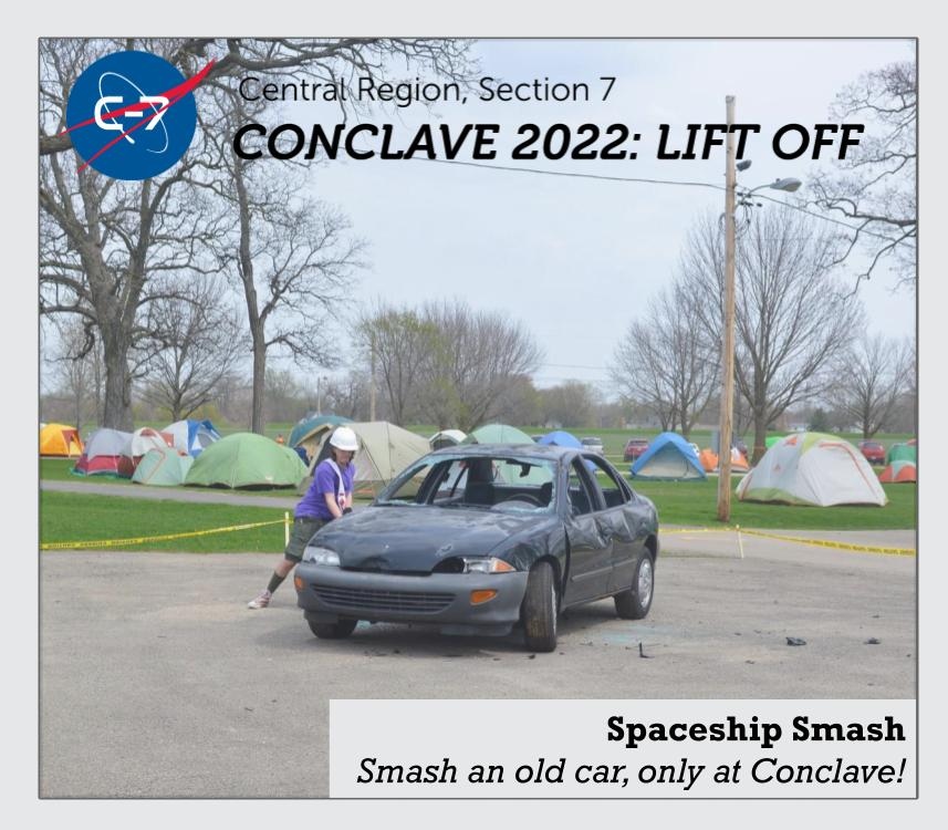 OASectionC7's tweet image. Section C-7 will be bringing back our time-honored tradition of smashing a car at conclave this April 22-24! Make sure to register at register.oac7.org to ensure you secure your opportunity to smash a car!

#OA #OABSA #C7 #SectionC7 #Conclave #LiftOff