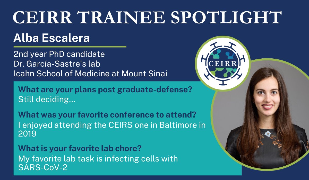 To celebrate Graduate Student Appreciation Week, the #CEIRR Network is spotlighting our trainees! Today we are giving a shoutout to @AlbaEscaler in the García-Sastre lab at <a href="/IcahnMountSinai/">Icahn School of Medicine at Mount Sinai</a>. Alba is from Madrid, Spain and is both a <a href="/La_UPM/">Universidad Politécnica de Madrid</a> &amp; <a href="/unicomplutense/">Complutense</a> alum.  
#CEIRRTrainees