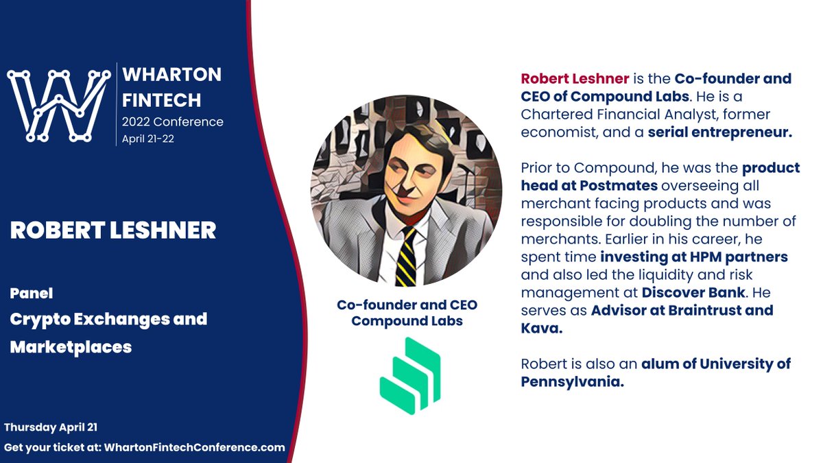 whartonfintech's tweet photo. 📢📢New speaker announcement: We are beyond excited to be hosting @rleshner, co-founder and CEO of @compoundfinance on the Crypto exchanges and marketplaces panel at our upcoming conference. You do not want to miss this! GRAB your tickets now:  https://t.co/hcBoLcPfig https://t.co/WwKpMrpzI0
